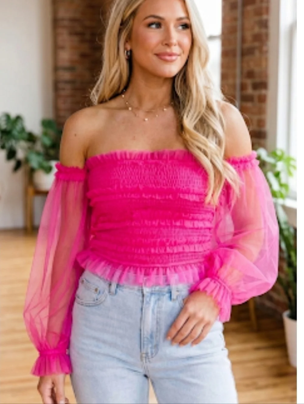Tea & Cup Hot Pink Tulle Smocked Off Shoulder Top Size Small